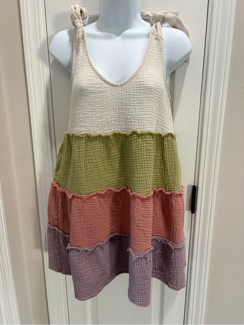 Tiered Gauze Tie-Shoulder Tank Top - Cream, Olive, Terracotta, Lavender